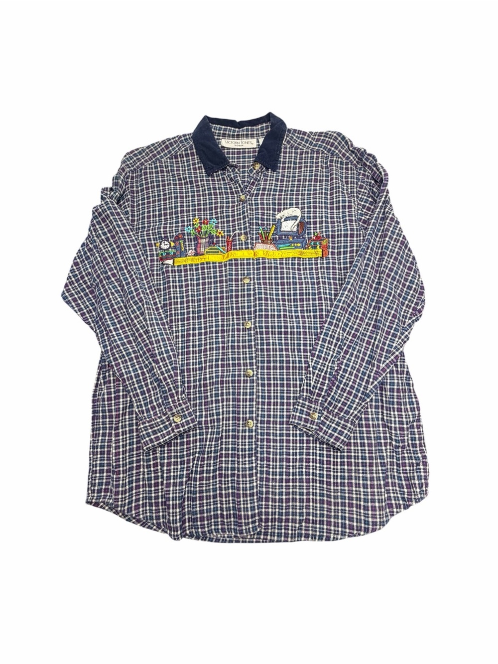 Vintage Victoria Jones Woman 20W Plaid Button Front Shirt Teacher Books Cat - Picture 4 of 13